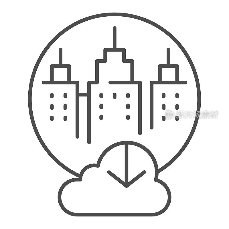 城市云存储细线图标。城市数据存储矢量图孤立在白色。数据库云计算轮廓风格设计，专为web和app设计。Eps 10。